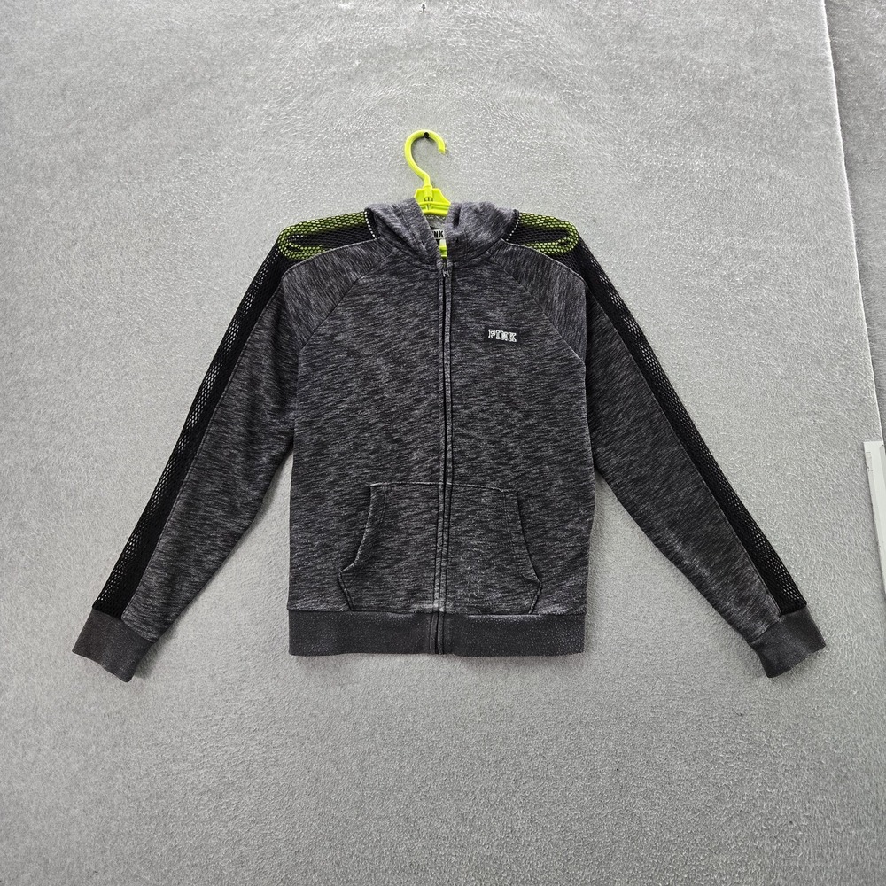 PINK Victoria's Secret Women Hoodie S Gray Logo Text Activewear Zipper Mesh READ